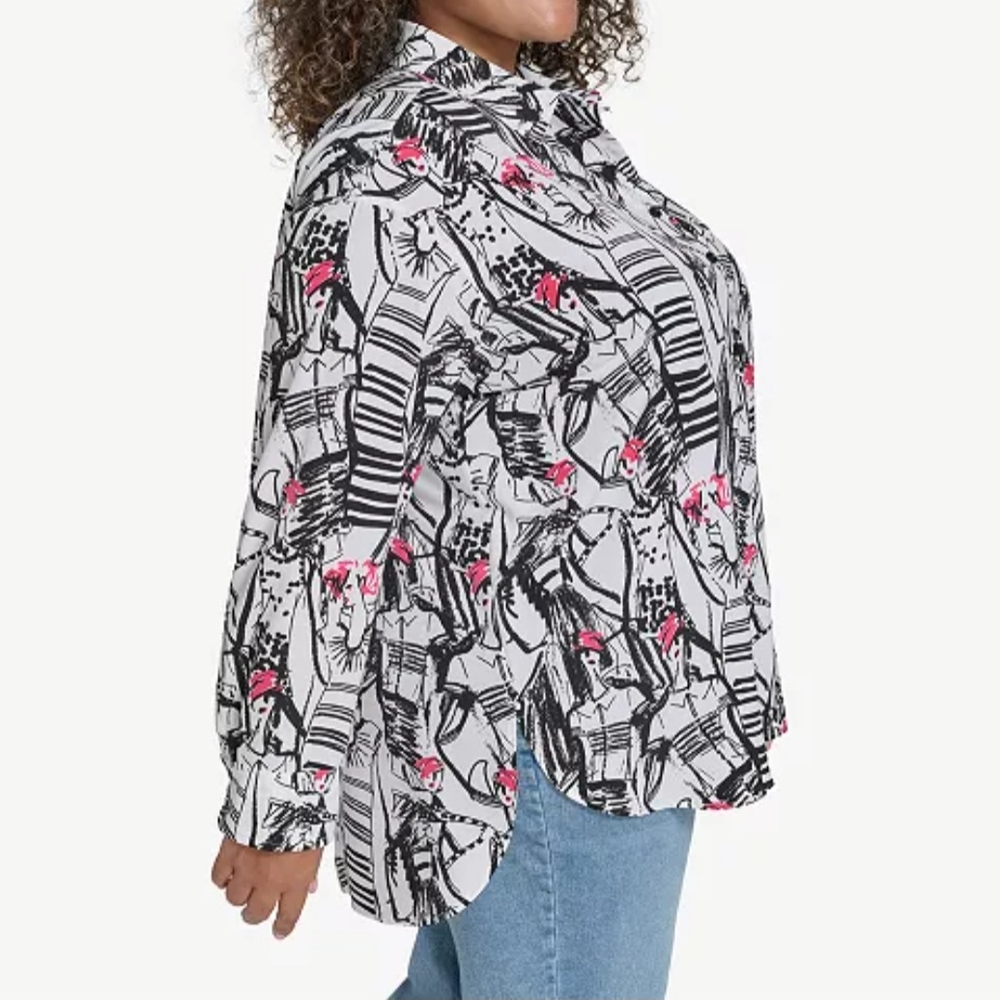 Karl Lagerfeld Women's Blouse Long Sleeve Silky  Button Multicolor 1 XL NEW